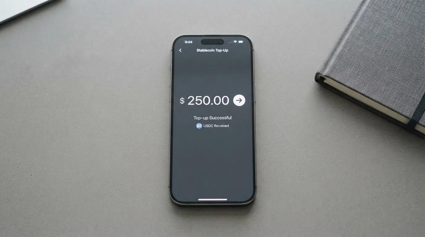 A phone showing a stablecoin transfer screen