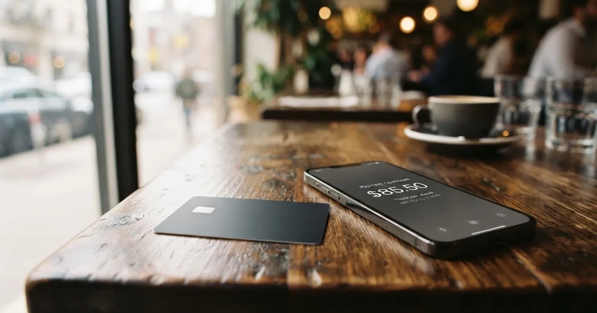 A payment card next to a phone with a crypto wallet app open