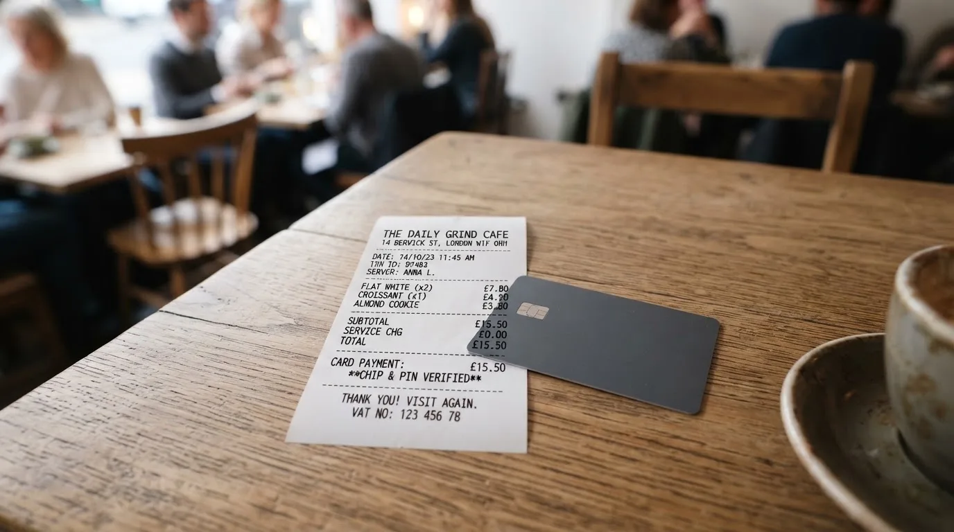A receipt and a card on a café table