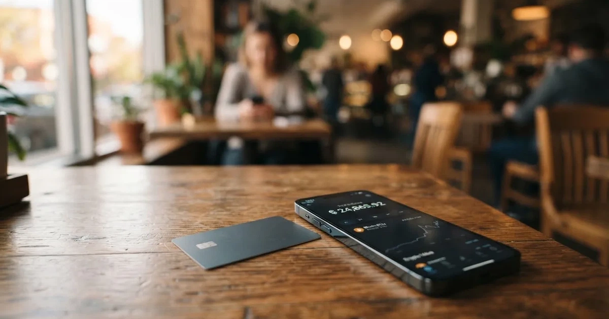 A payment card next to a phone with a crypto wallet app open