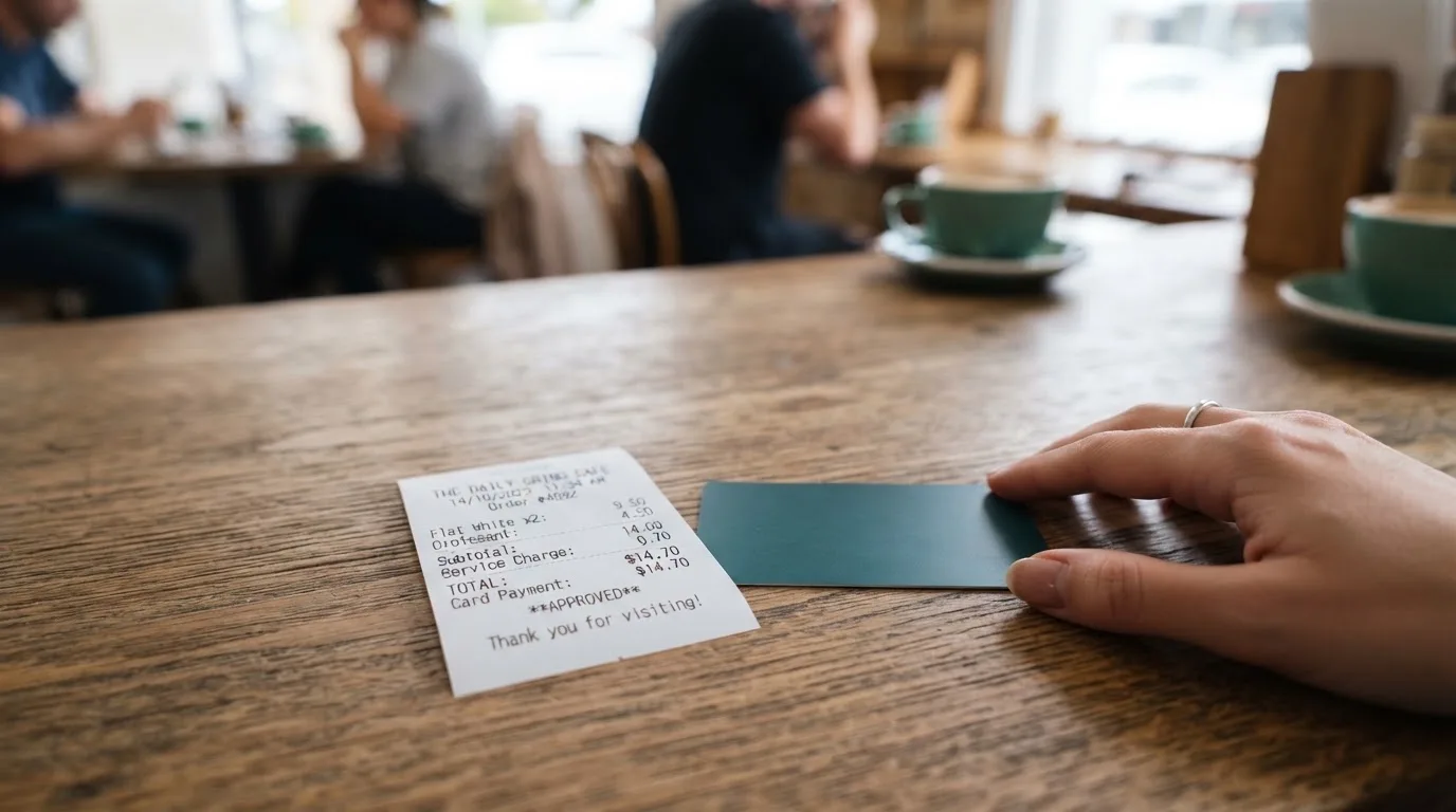 A receipt and a card on a café table