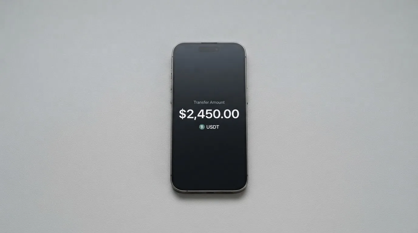 A phone showing a stablecoin transfer screen