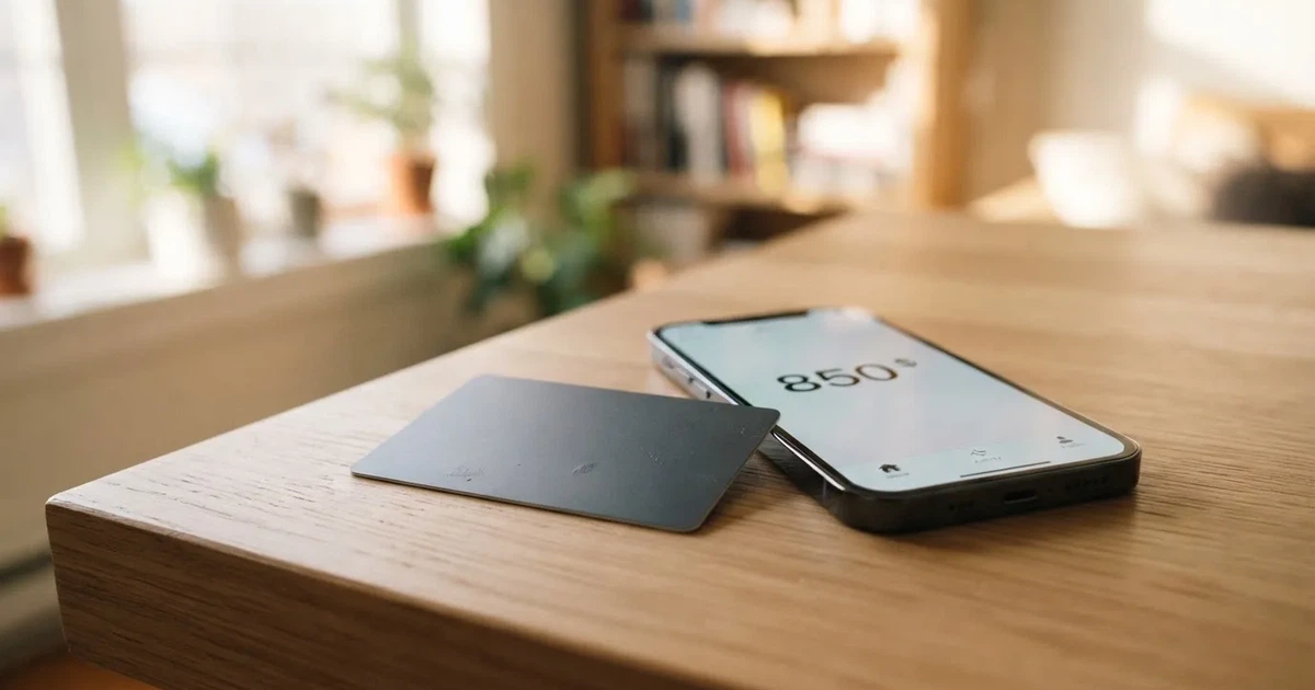 A payment card next to a phone with a crypto wallet app open