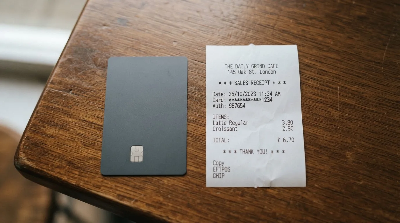 A receipt and a card on a café table
