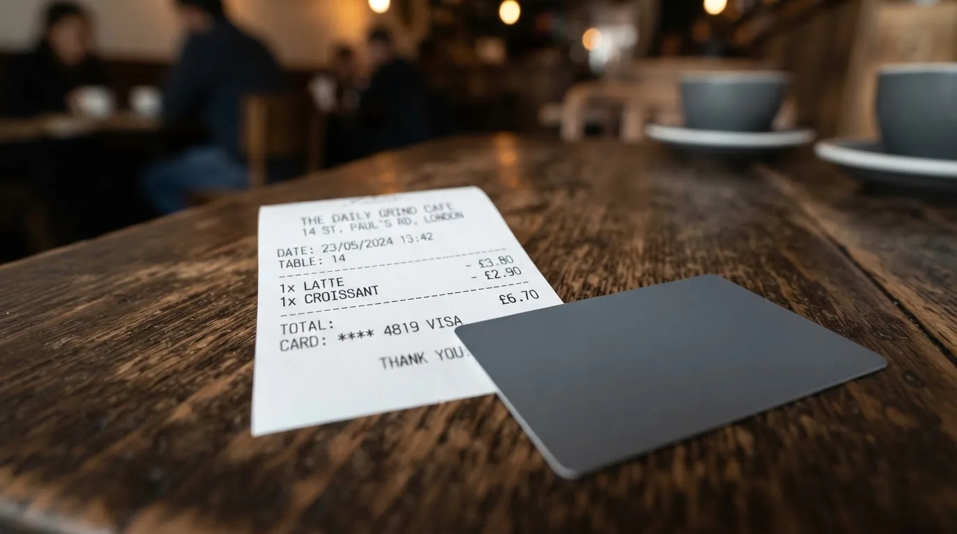 A receipt and a card on a café table