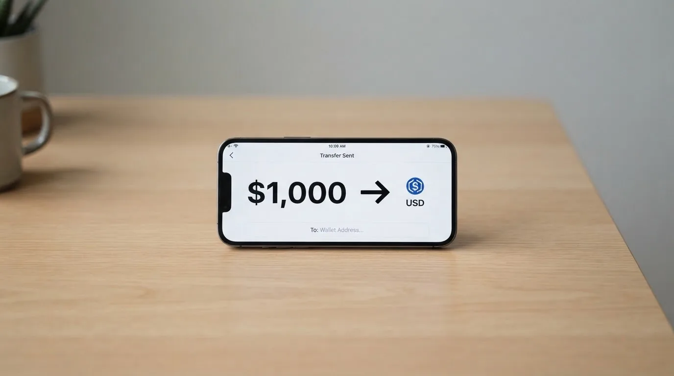 A phone showing a stablecoin transfer screen