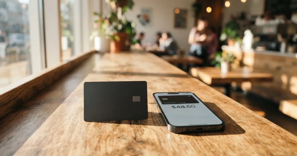 A payment card next to a phone with a crypto wallet app open