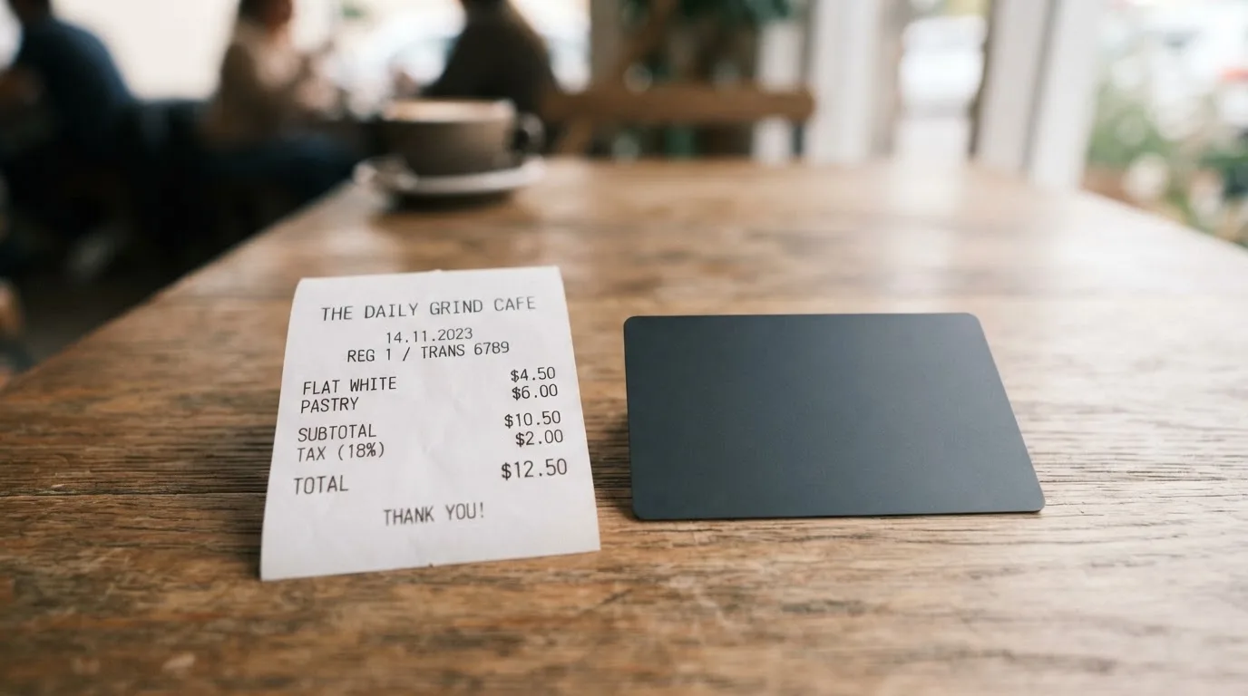 A receipt and a card on a café table