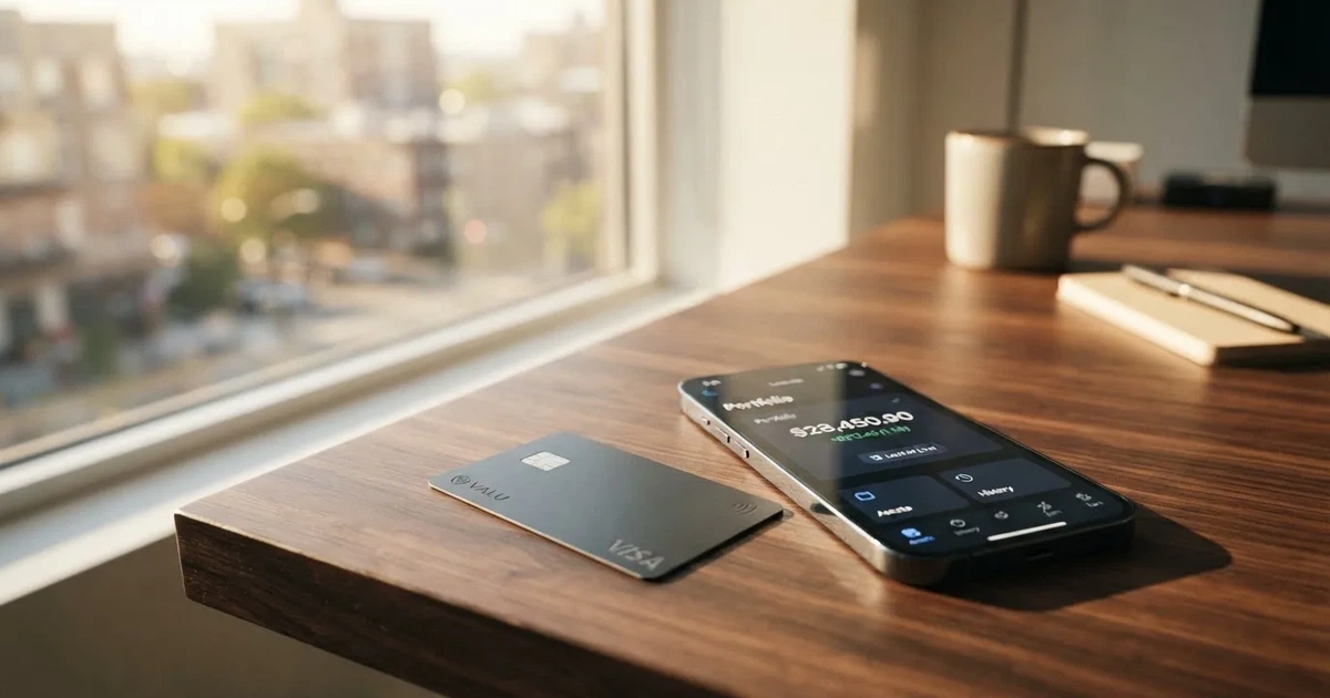 A payment card next to a phone with a crypto wallet app open