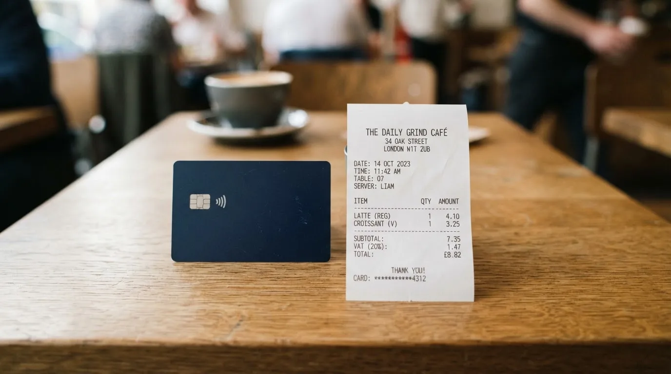 A receipt and a card on a café table