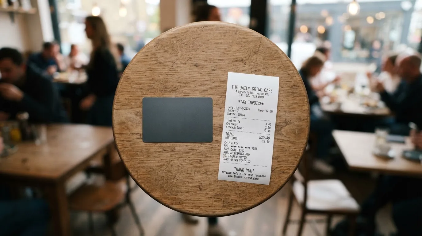 A receipt and a card on a café table
