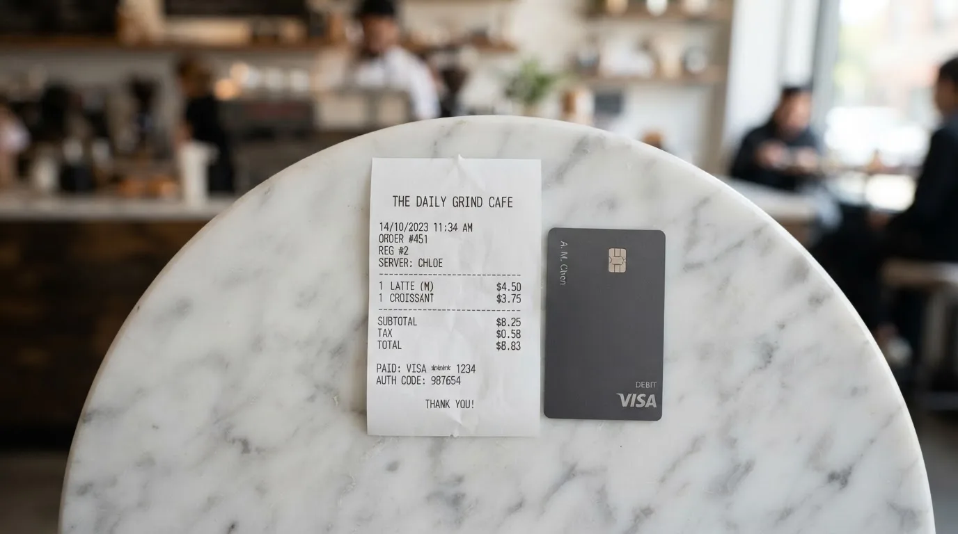 A receipt and a card on a café table