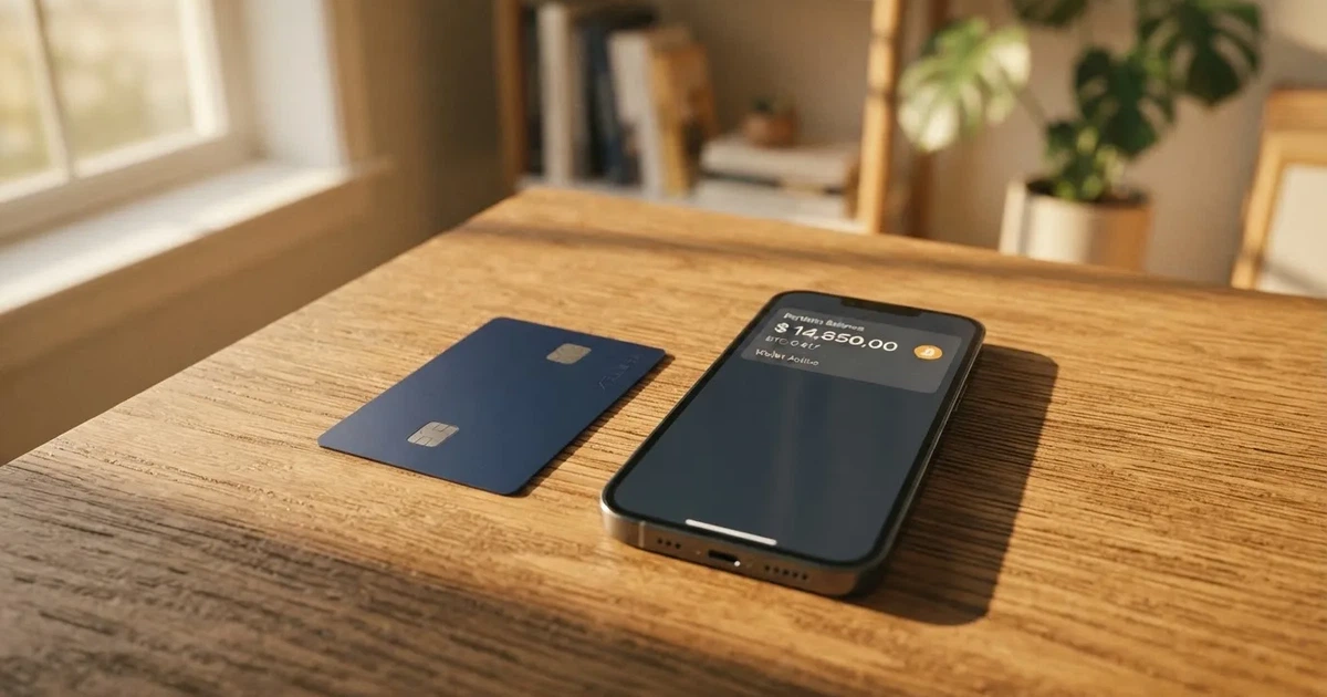 A payment card next to a phone with a crypto wallet app open