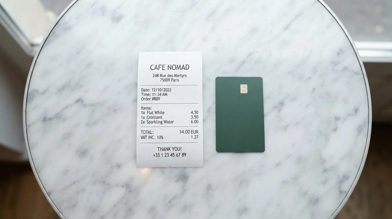 A receipt and a card on a café table