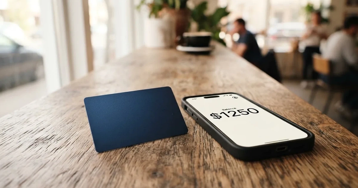 A payment card next to a phone with a crypto wallet app open