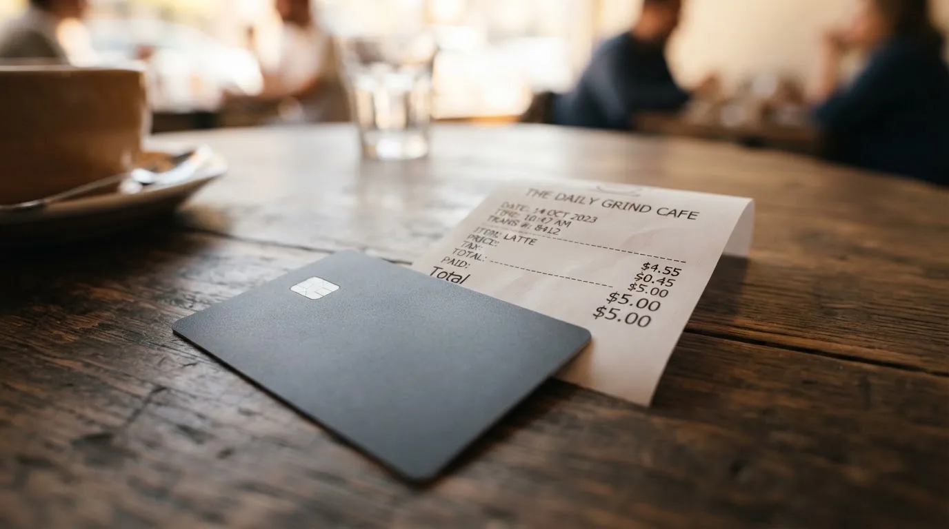 A receipt and a card on a café table
