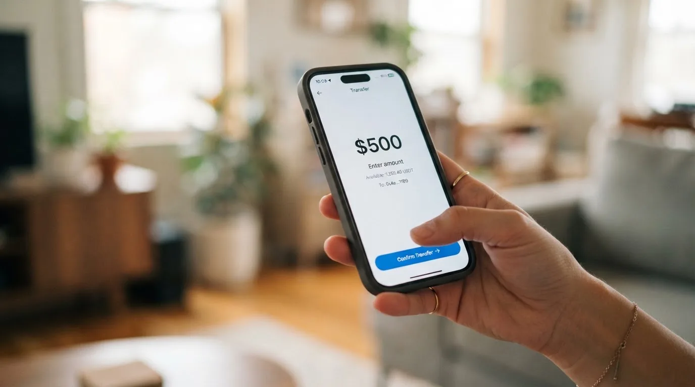 A phone showing a stablecoin transfer screen