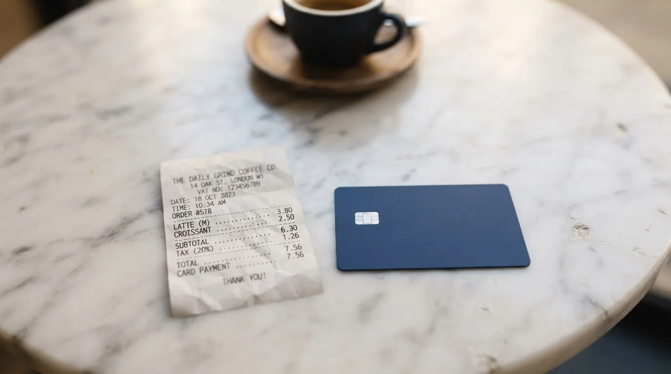 A receipt and a card on a café table