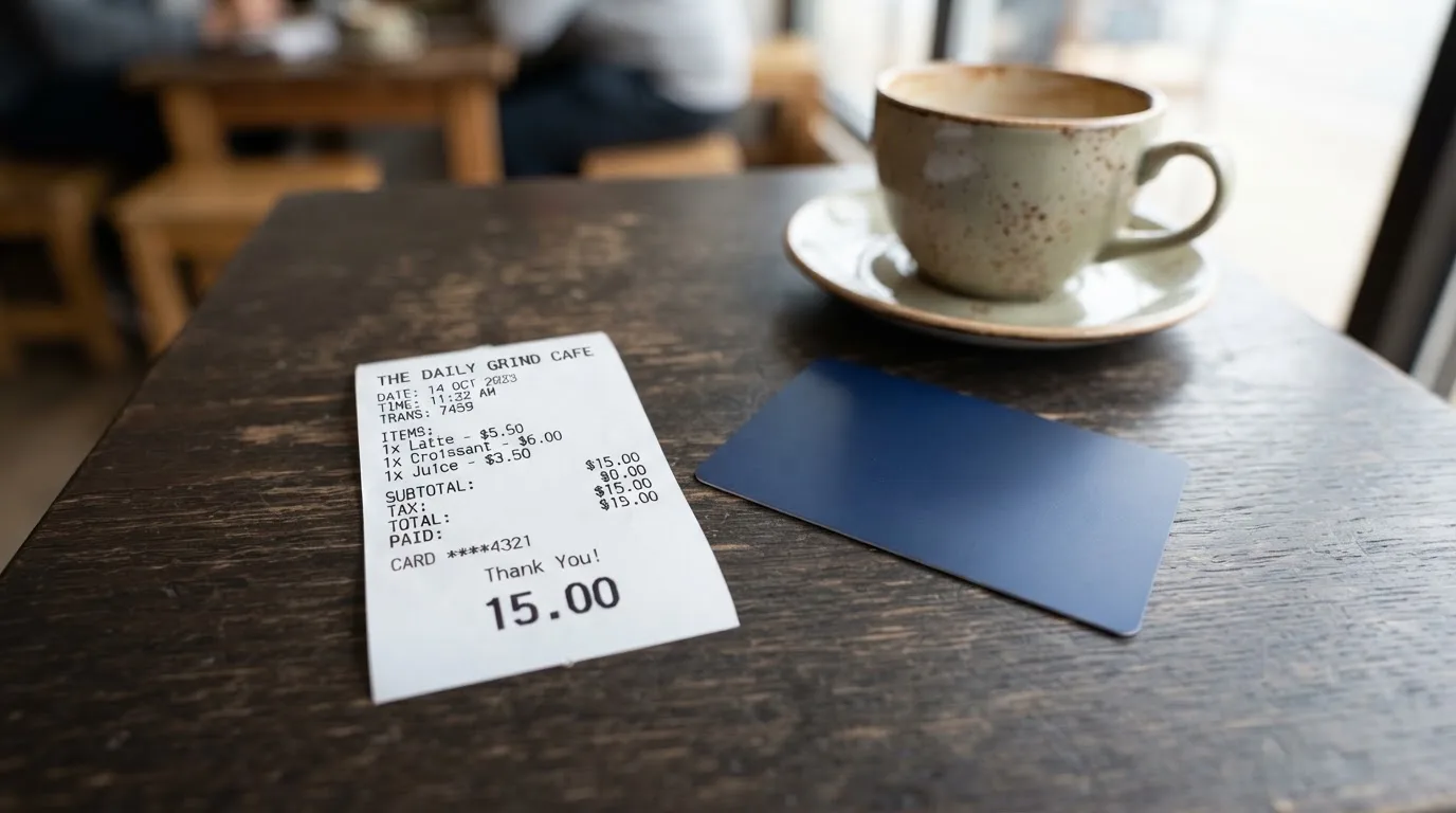 A receipt and a card on a café table