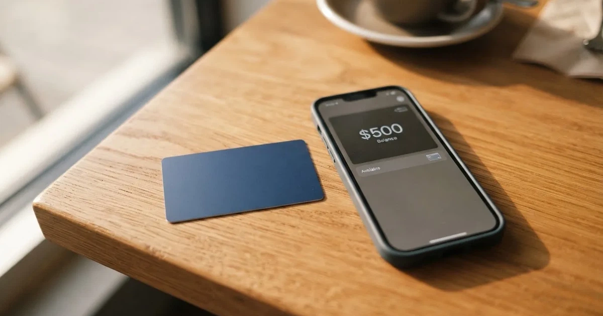 A payment card next to a phone with a crypto wallet app open