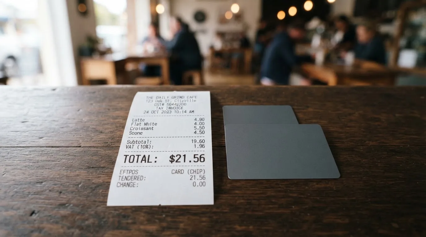 A receipt and a card on a café table