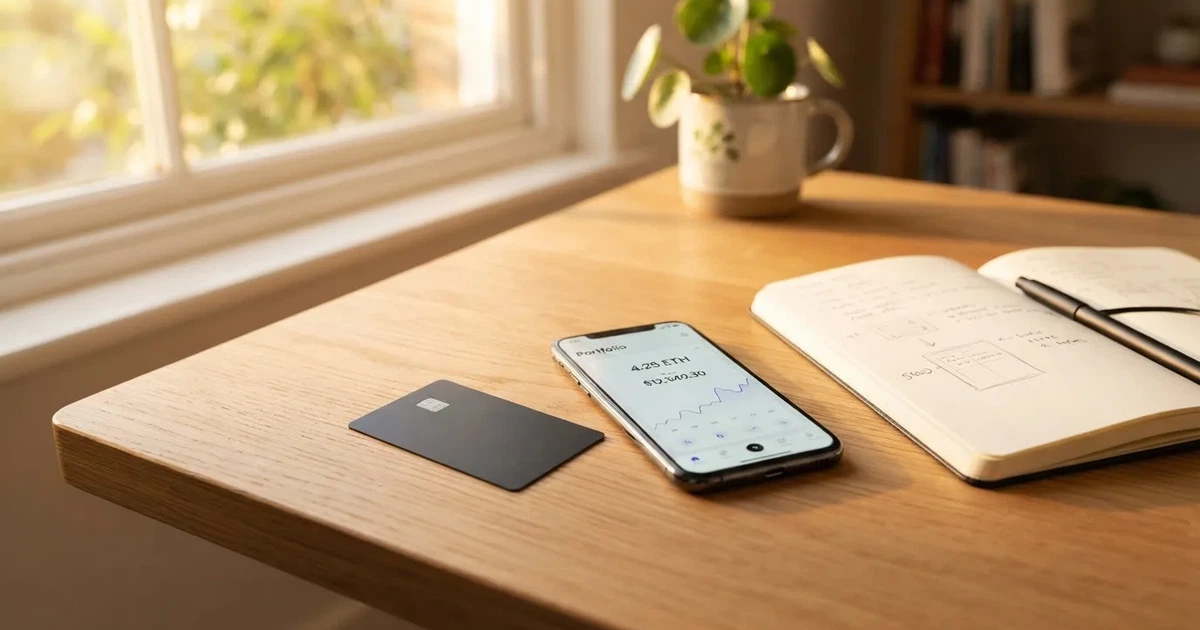A payment card next to a phone with a crypto wallet app open