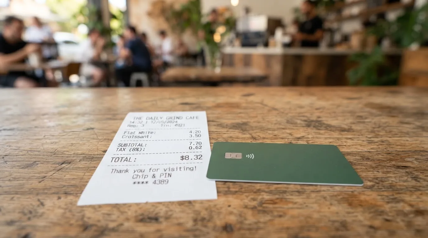 A receipt and a card on a café table