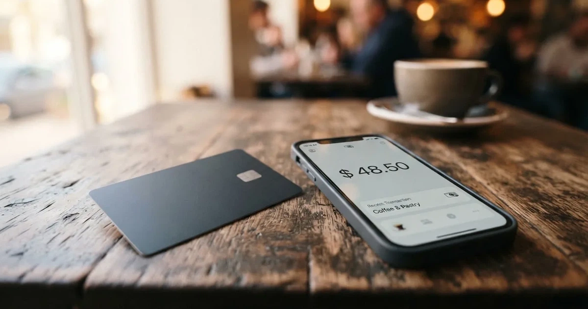 A payment card next to a phone with a crypto wallet app open