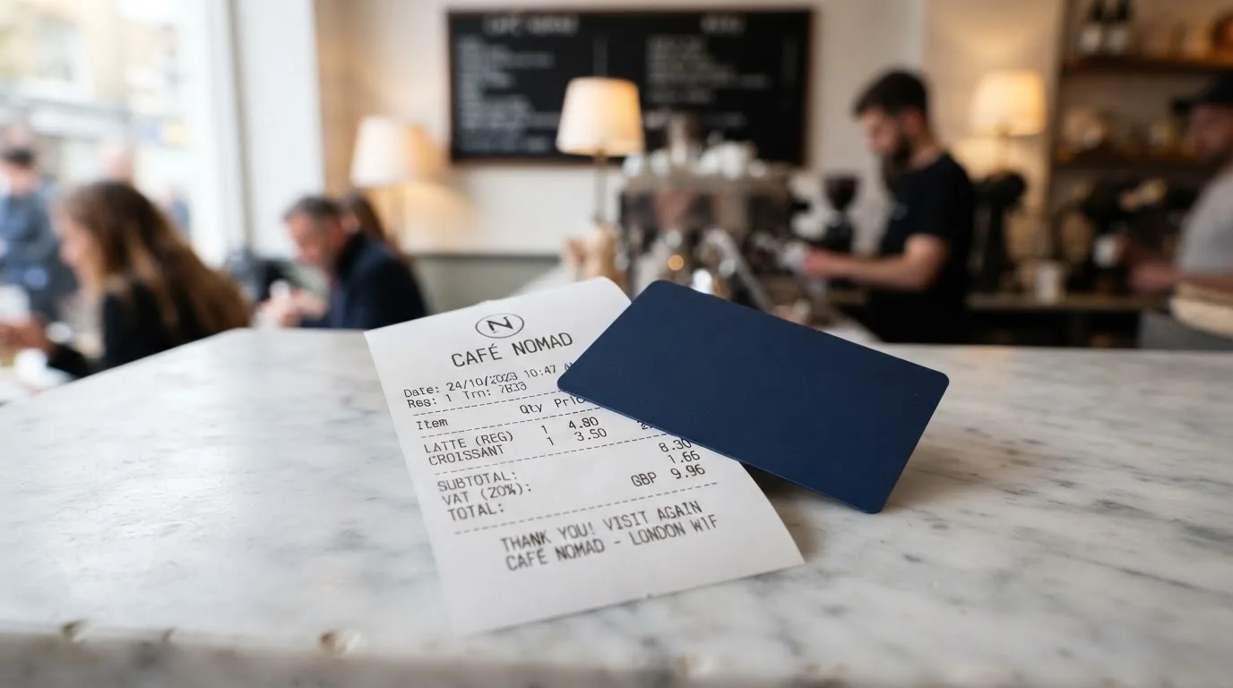 A receipt and a card on a café table