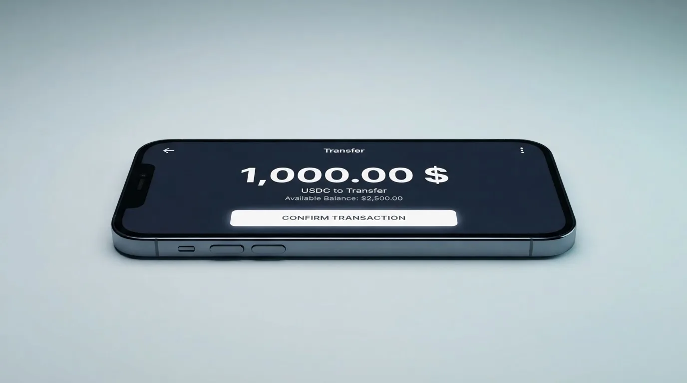 A phone showing a stablecoin transfer screen