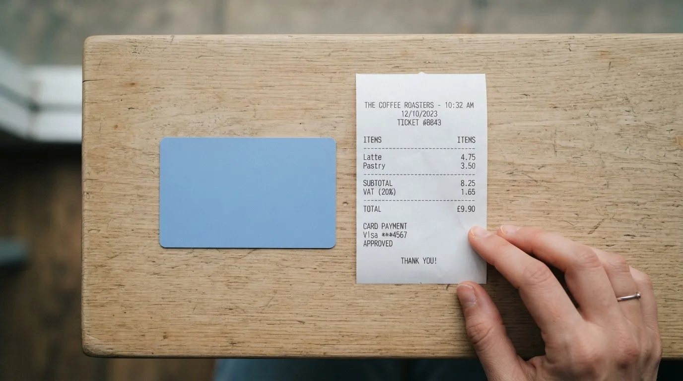 A receipt and a card on a café table