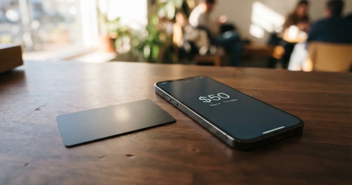 A payment card next to a phone with a crypto wallet app open