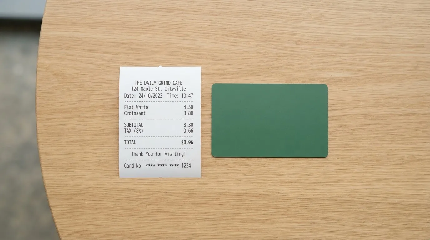 A receipt and a card on a café table
