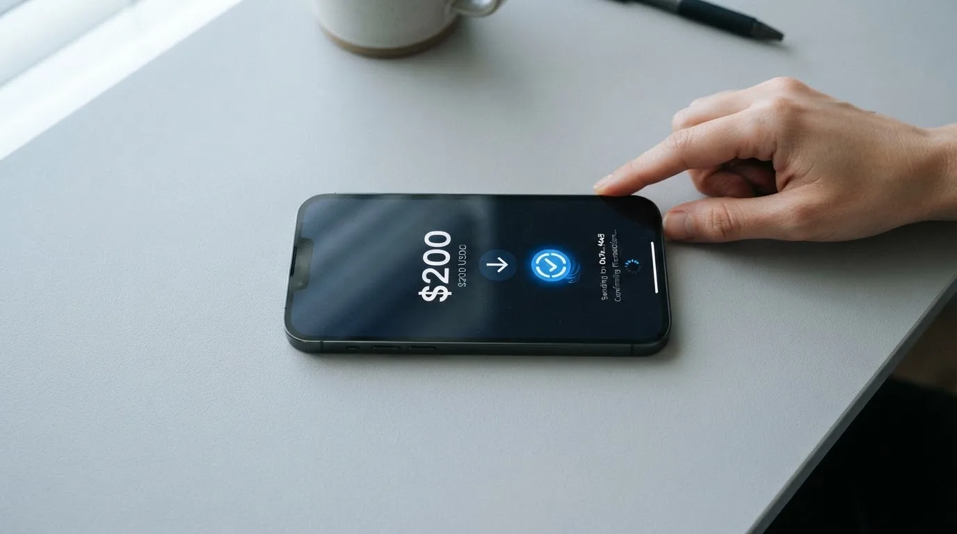 A phone showing a stablecoin transfer screen