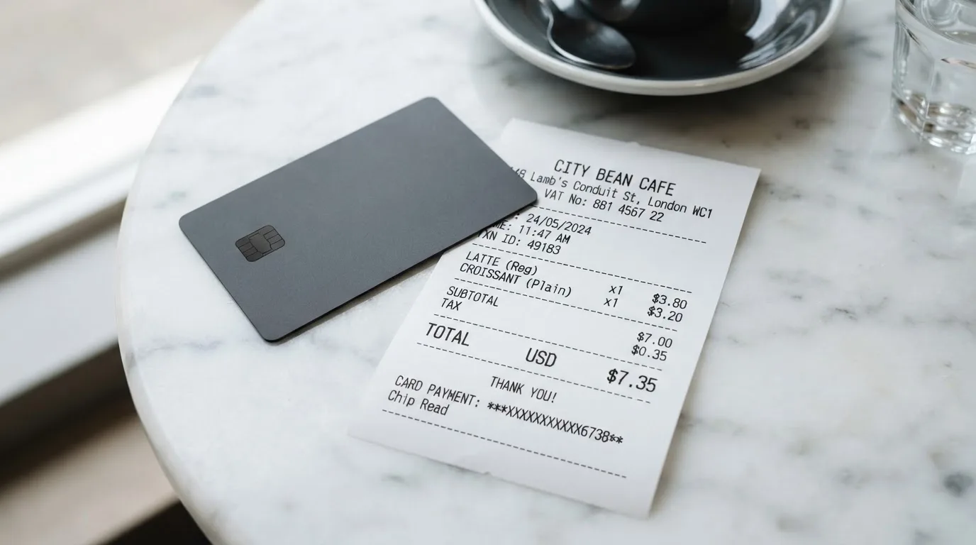 A receipt and a card on a café table