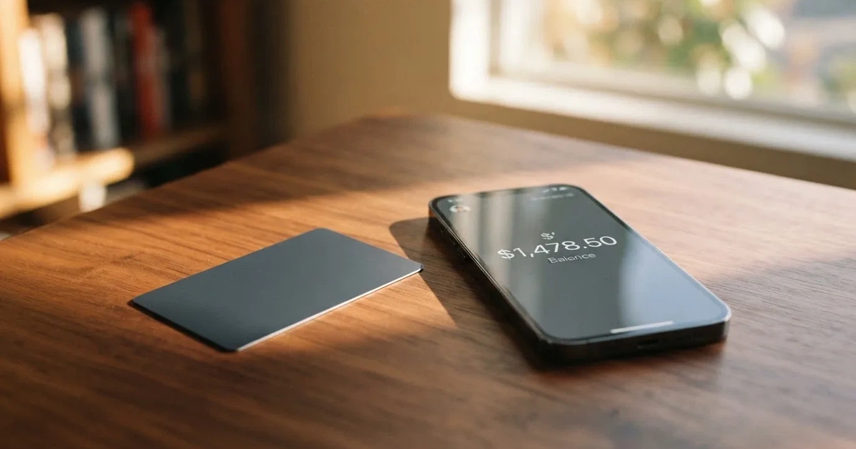 A payment card next to a phone with a crypto wallet app open
