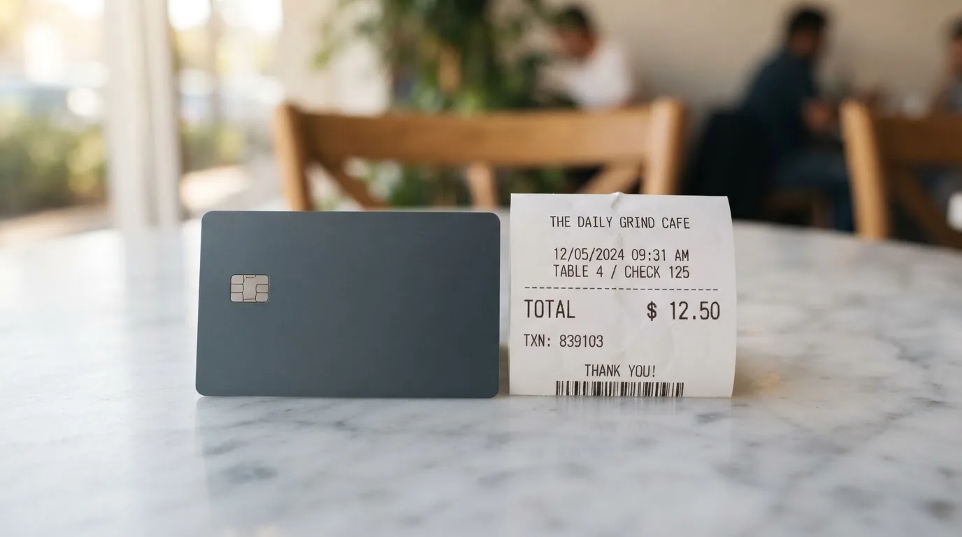 A receipt and a card on a café table