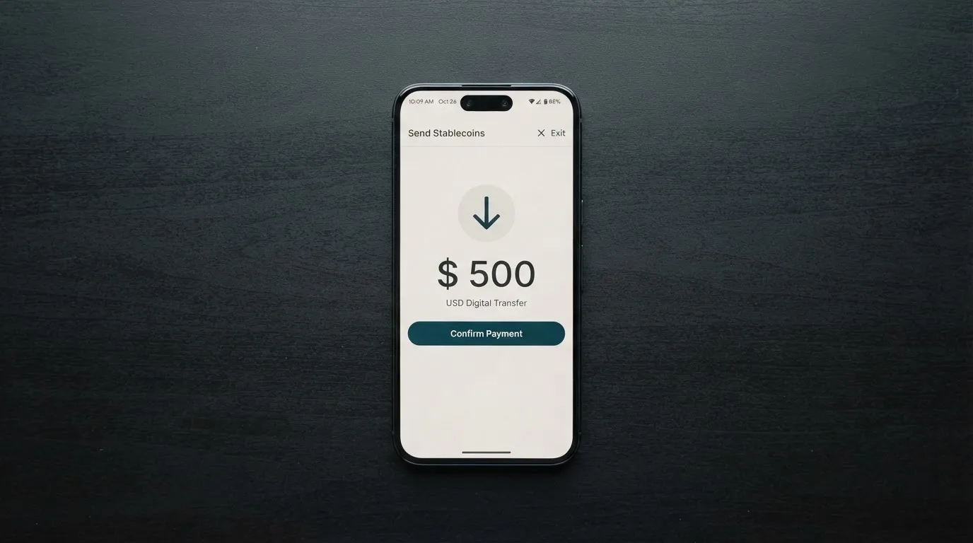 A phone showing a stablecoin transfer screen