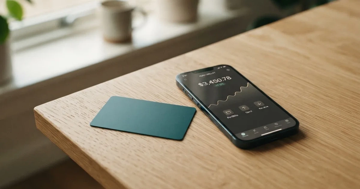 A payment card next to a phone with a crypto wallet app open