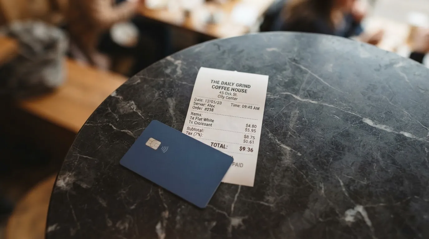 A receipt and a card on a café table