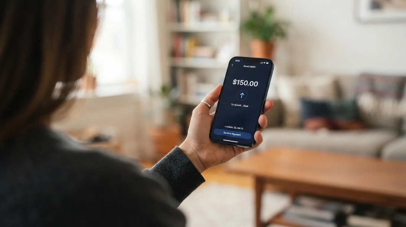 A phone showing a stablecoin transfer screen