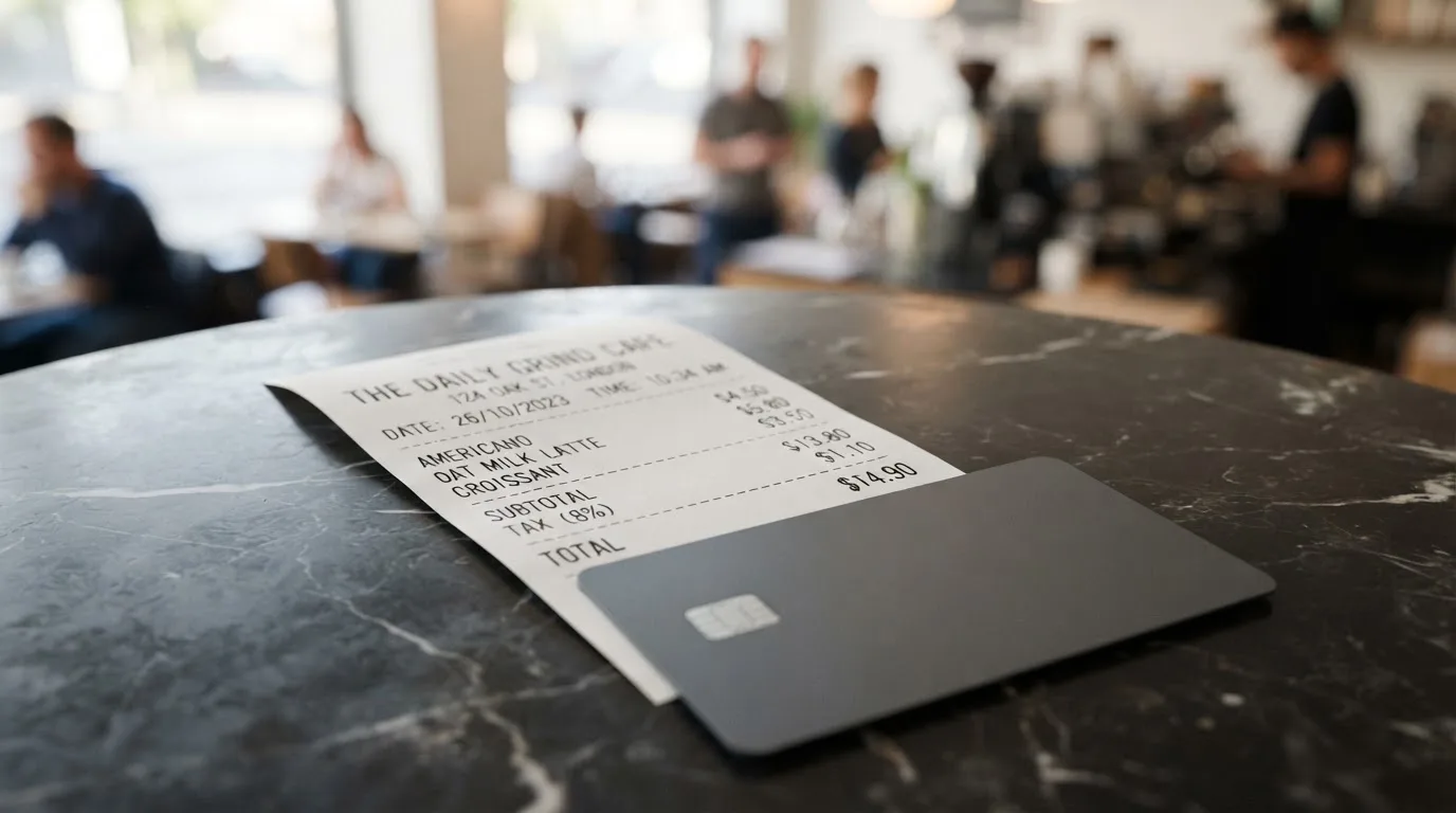 A receipt and a card on a café table