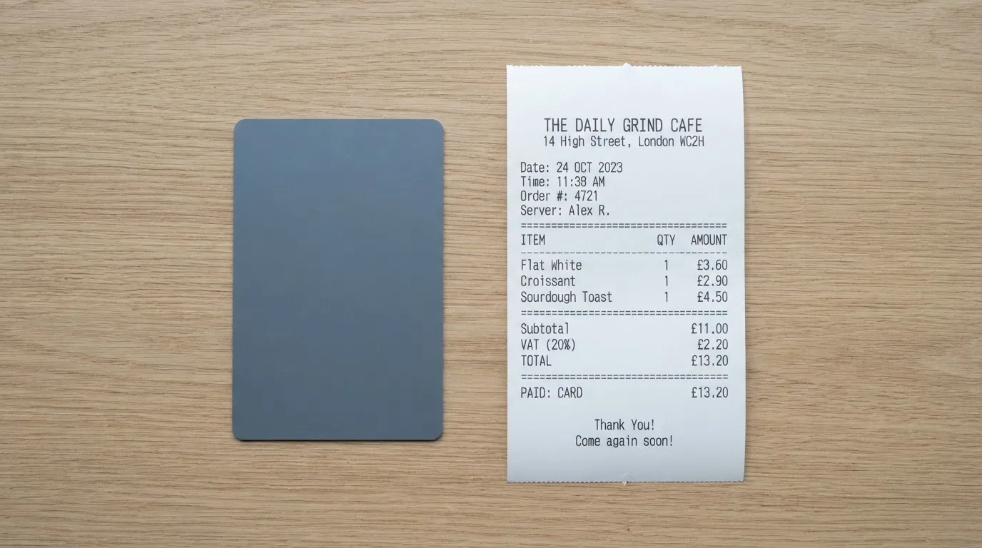 A receipt and a card on a café table