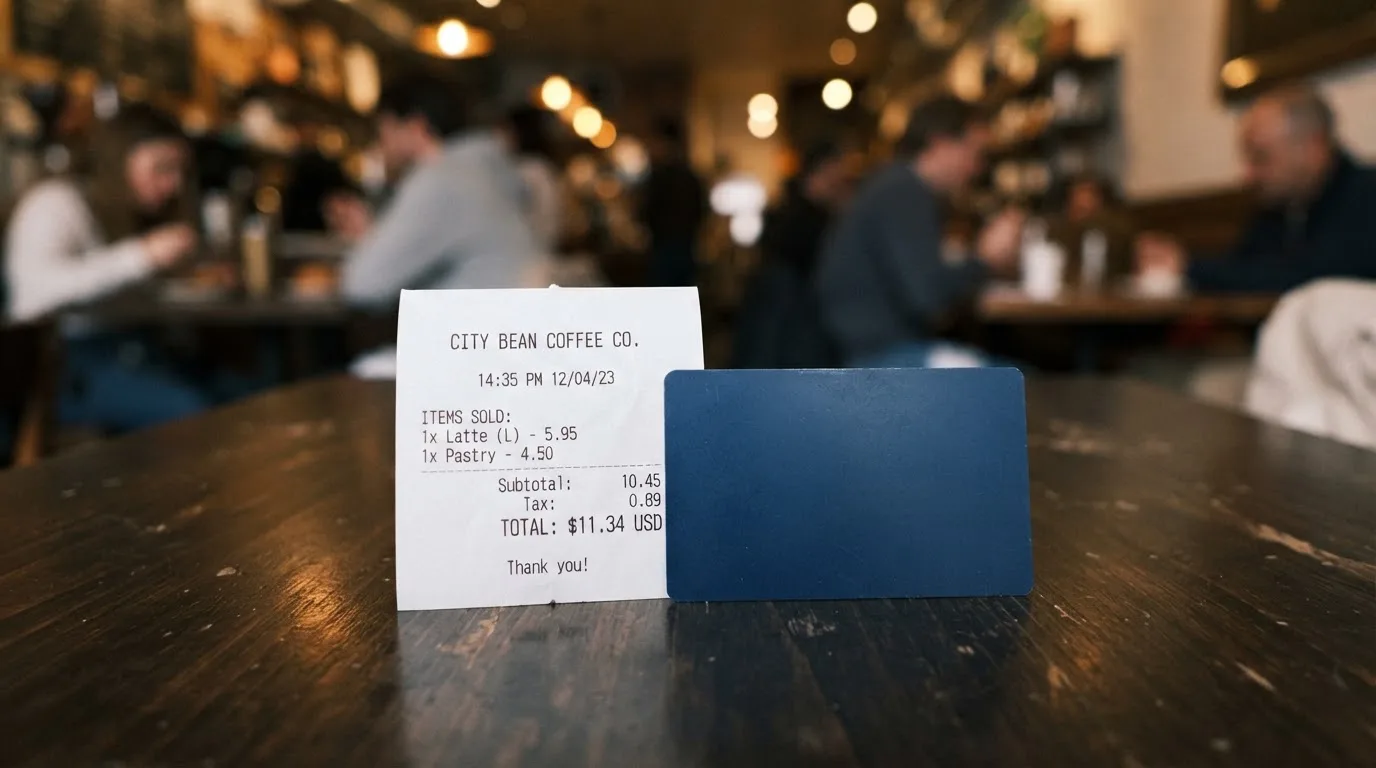 A receipt and a card on a café table