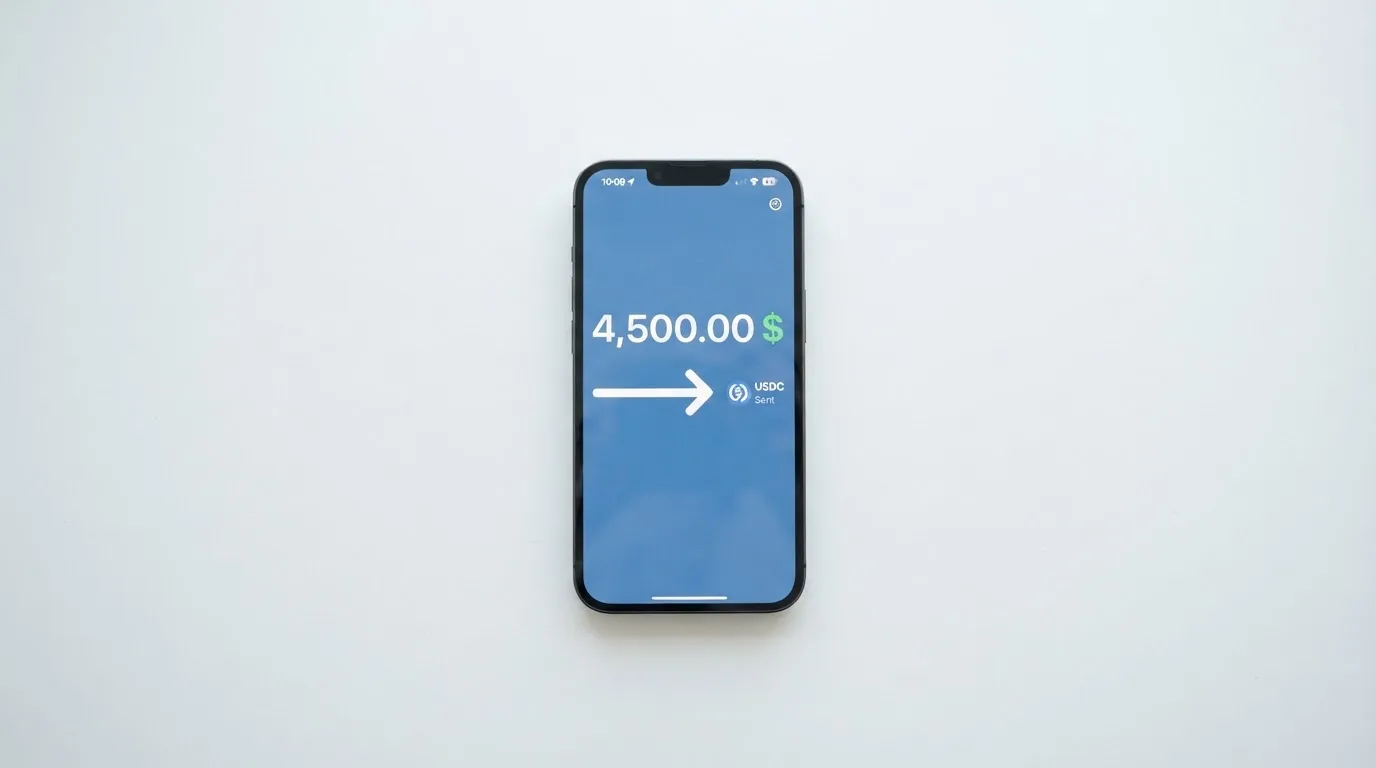 A phone showing a stablecoin transfer screen