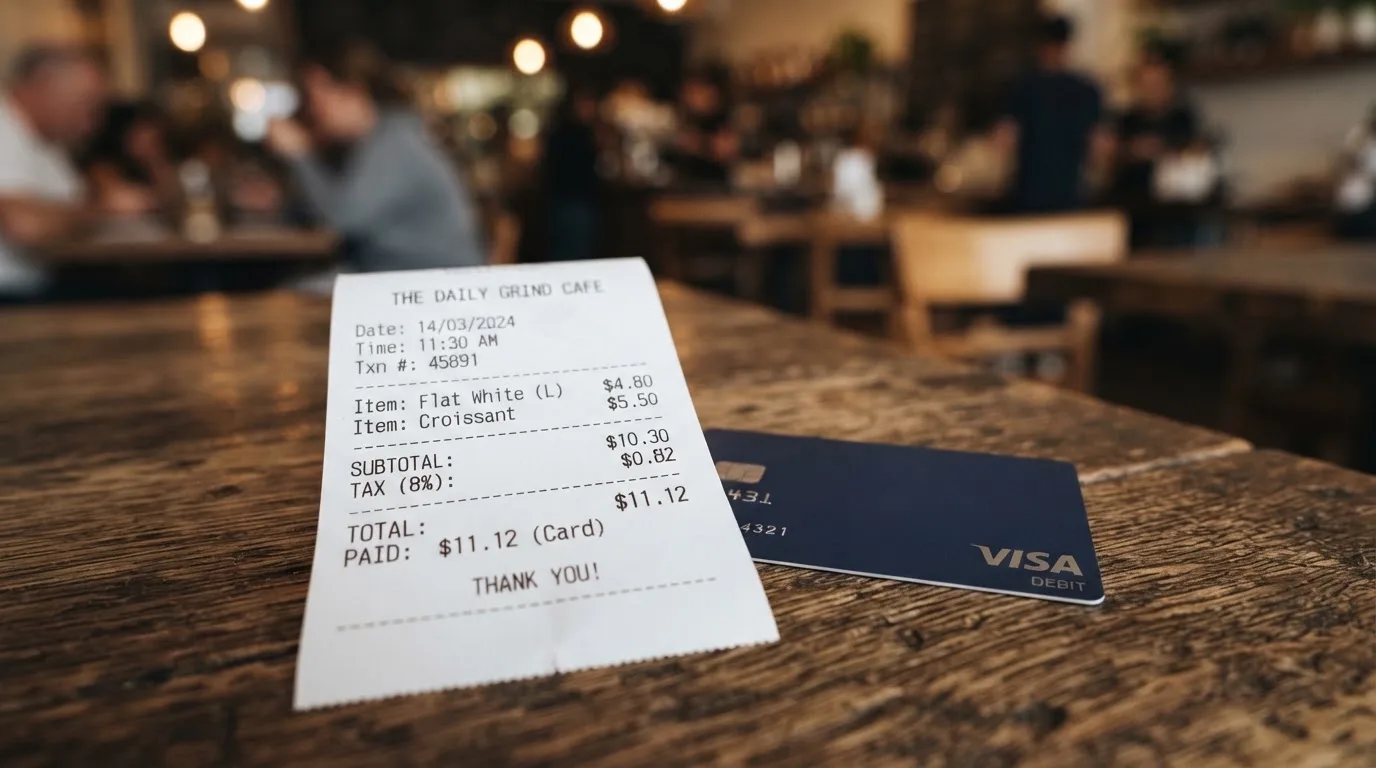 A receipt and a card on a café table