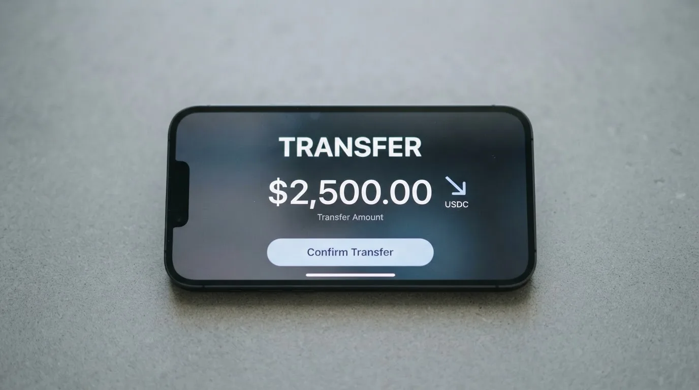 A phone showing a stablecoin transfer screen