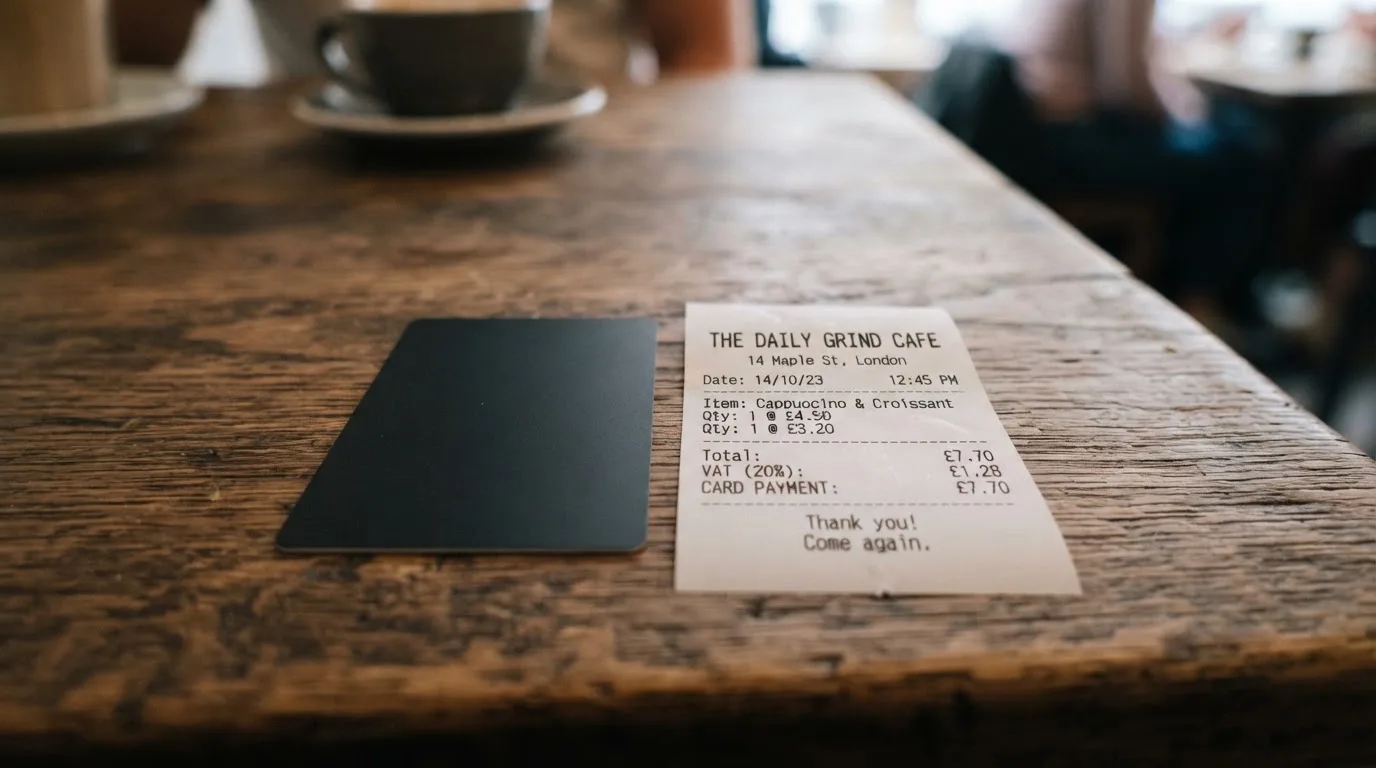 A receipt and a card on a café table