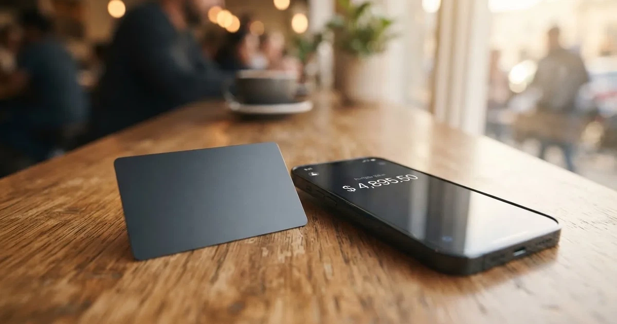 A payment card next to a phone with a crypto wallet app open