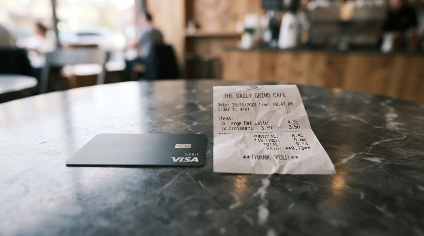 A receipt and a card on a café table